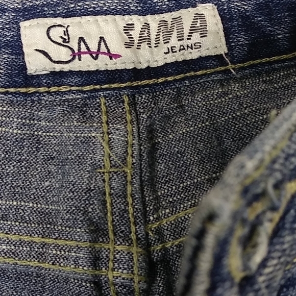 Sama Jean Blue Whiskering Medium Wash Mid Rise Distressed Wide Leg Denim Jean - Picture 5 of 16